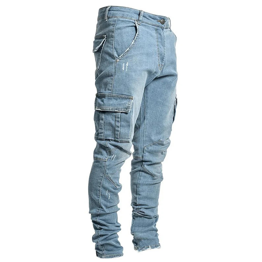 Slim Fit Elastic Cargo Denim Pants