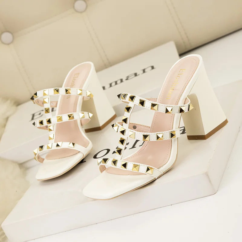 Rivet Square Toe Heeled Mules
