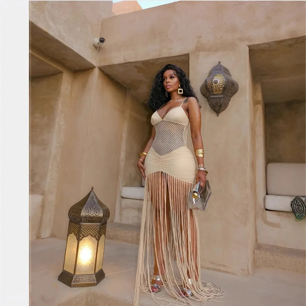 Mesh Pleated Tassel Suspender Dress