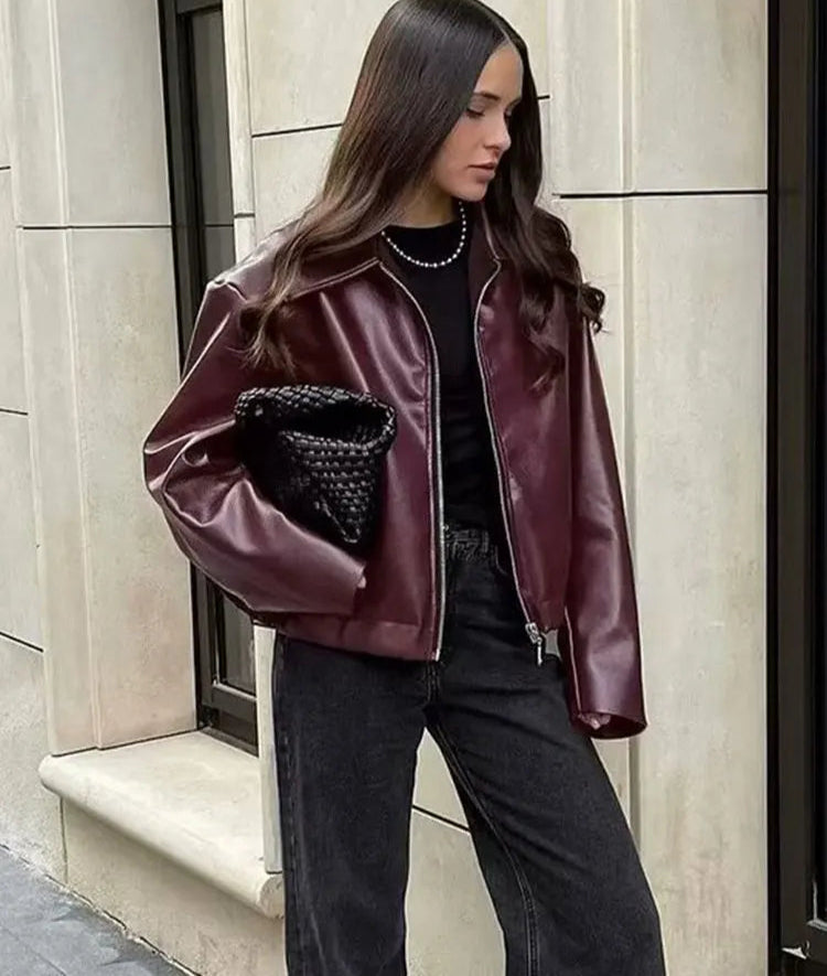 Wine Red PU Jacket