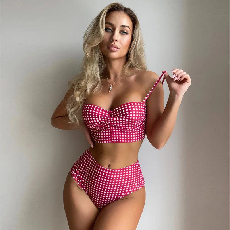 Plaid High-Waisted Bikini Set