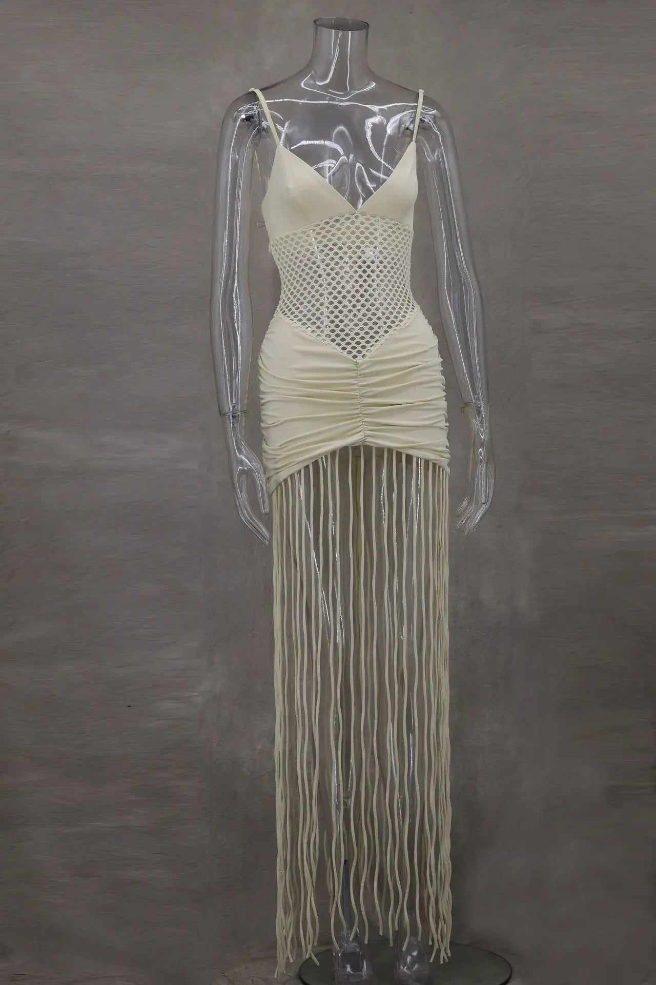 Mesh Pleated Tassel Suspender Dress