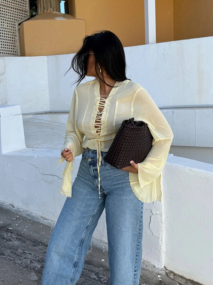 Chiffon V-Neck Lace-Up Shirt