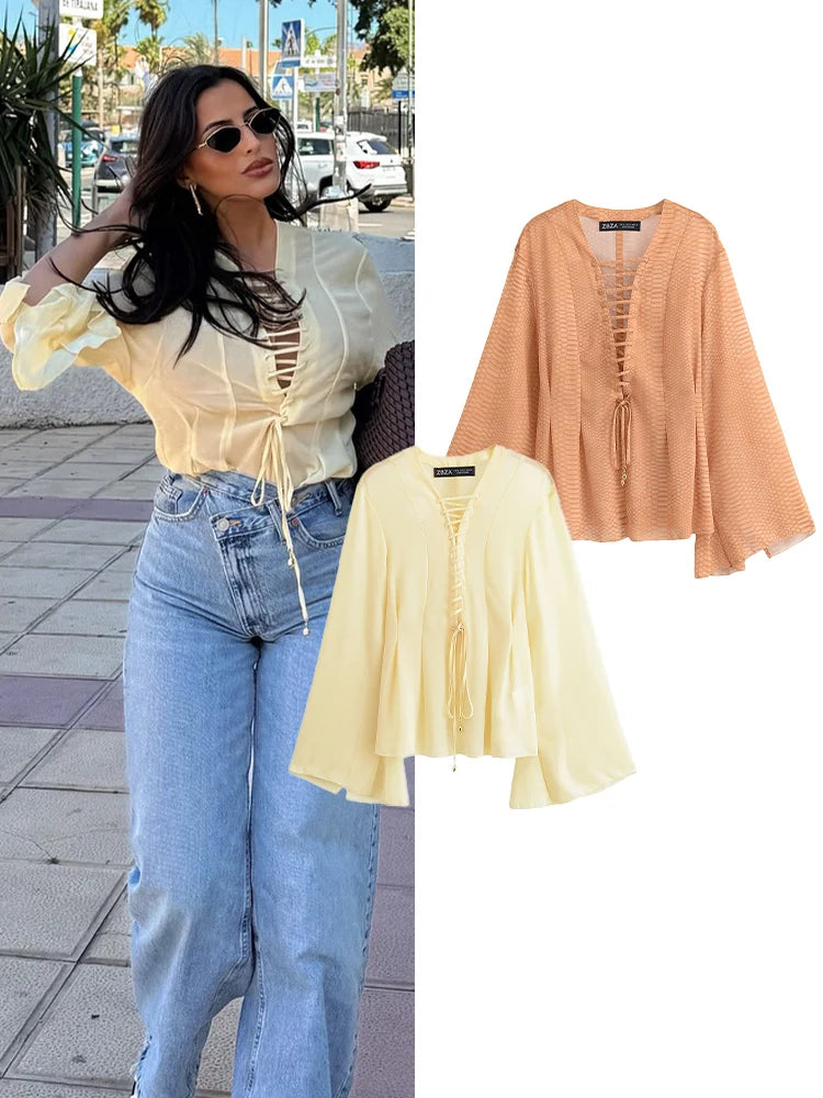 Chiffon V-Neck Lace-Up Shirt