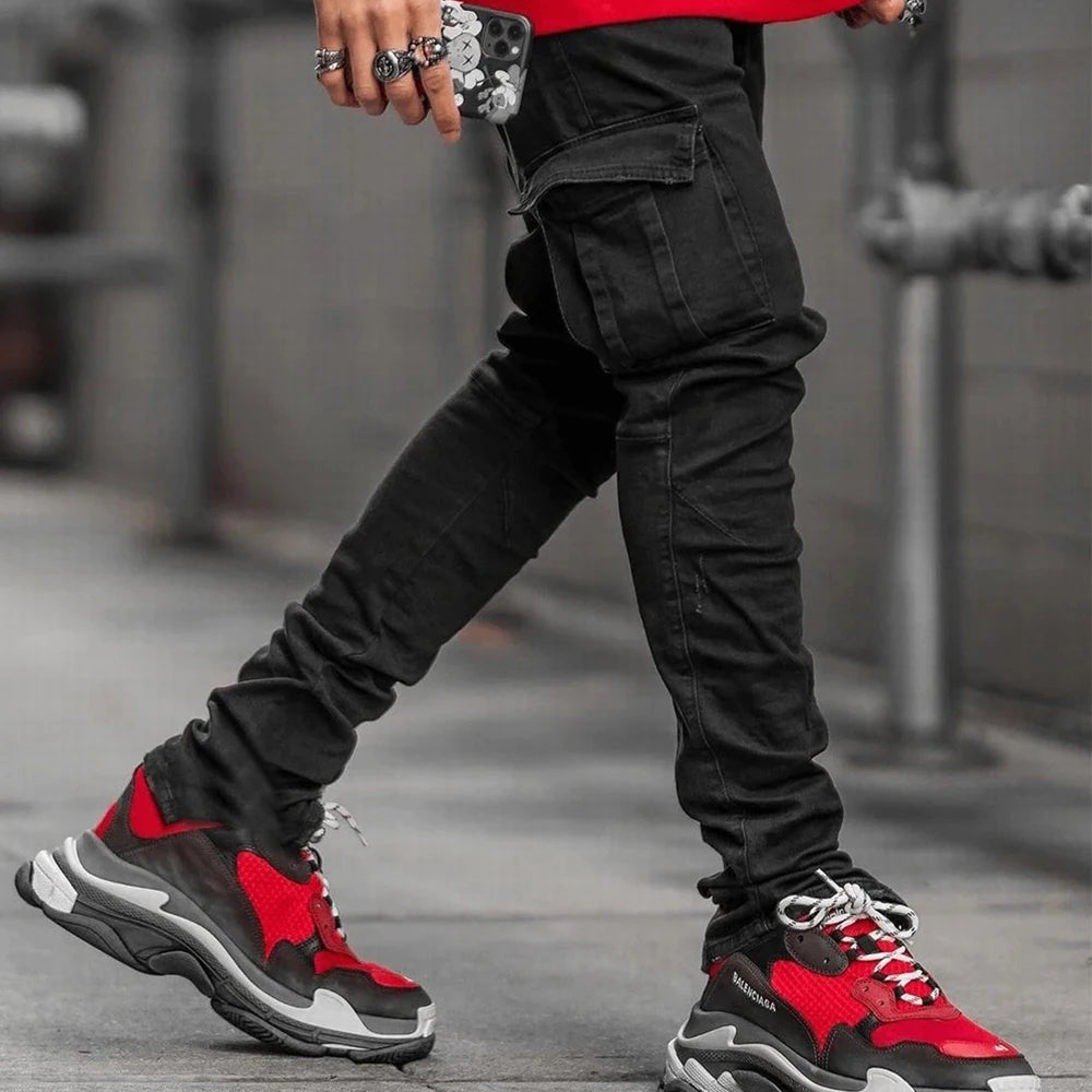 Slim Fit Elastic Cargo Denim Pants