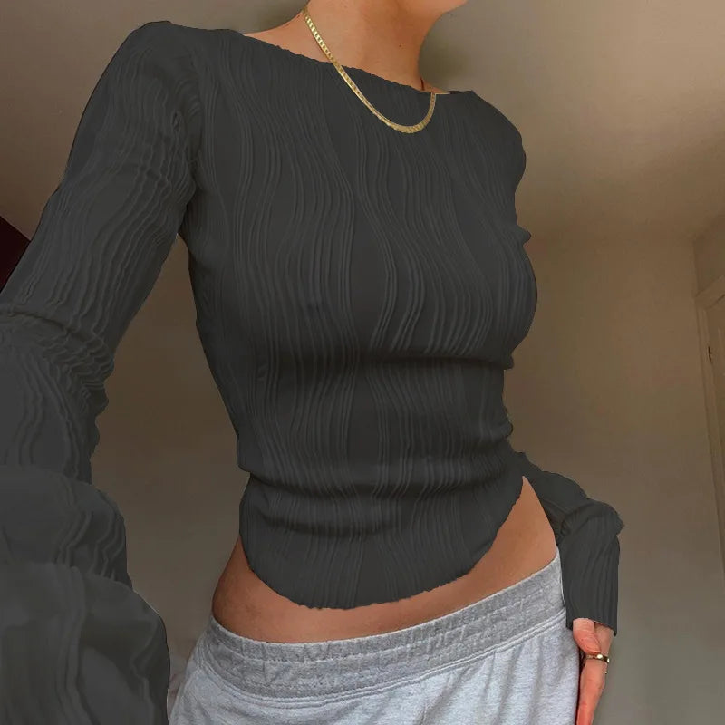 Y2K Casual Ruched Long Sleeve Crop Top