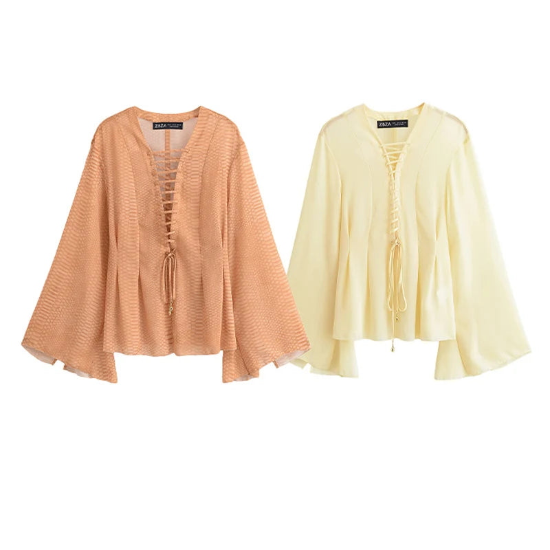 Chiffon V-Neck Lace-Up Shirt