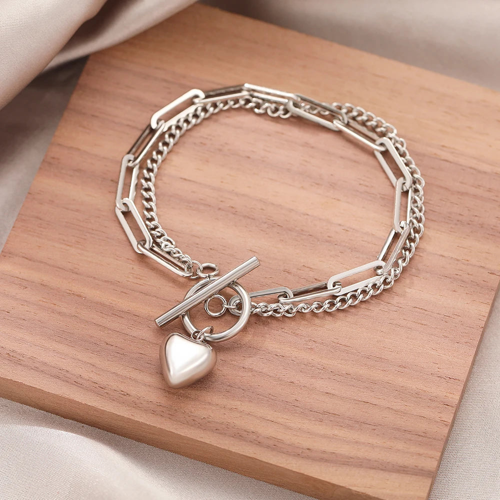 Stainless Steel Heart Pendant Bracelet