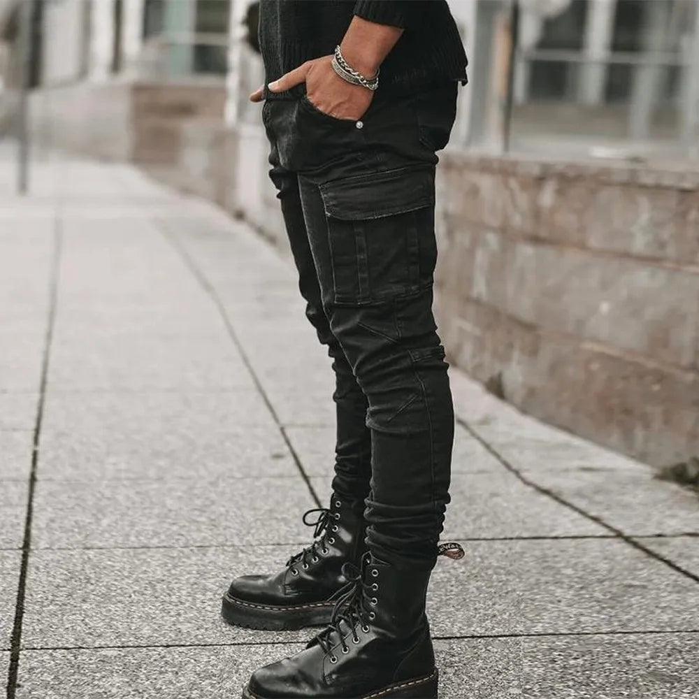 Slim Fit Elastic Cargo Denim Pants