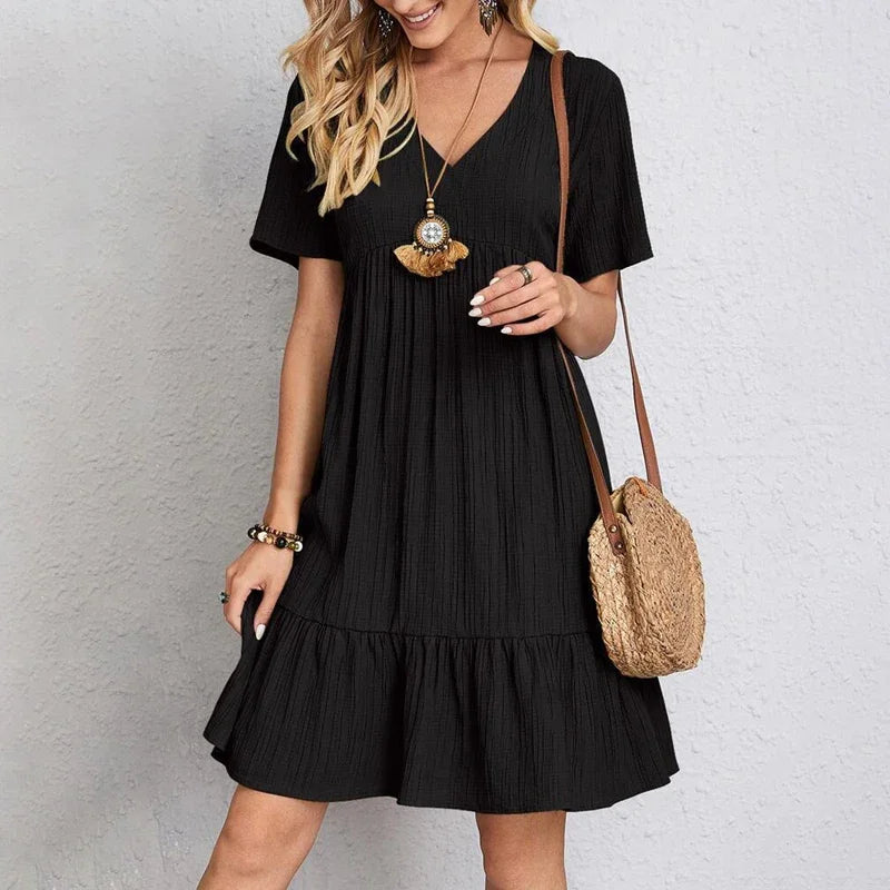 Loose Pleated V-Neck Dress