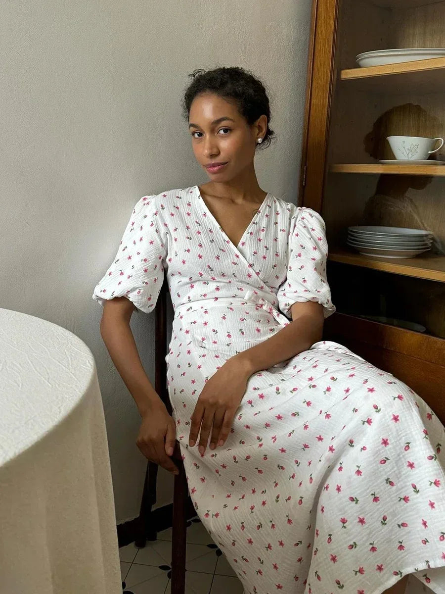 Cotton Lace-Up Printed Maxi Dress