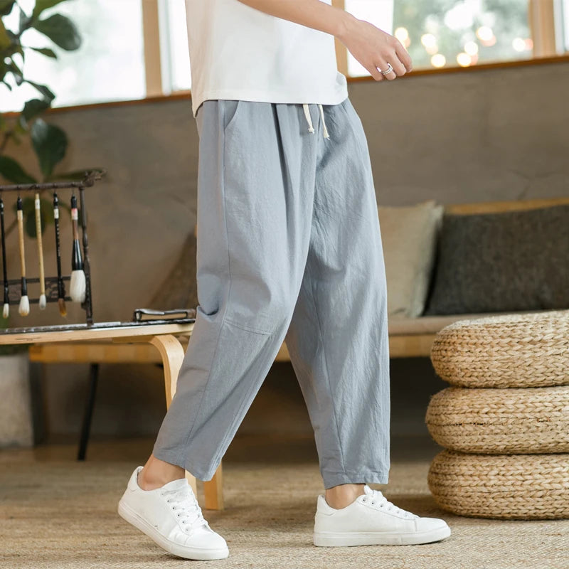Cotton Linen Drawstring Casual Pants