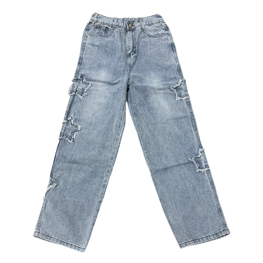 Star Embroidered Wide Leg Jeans