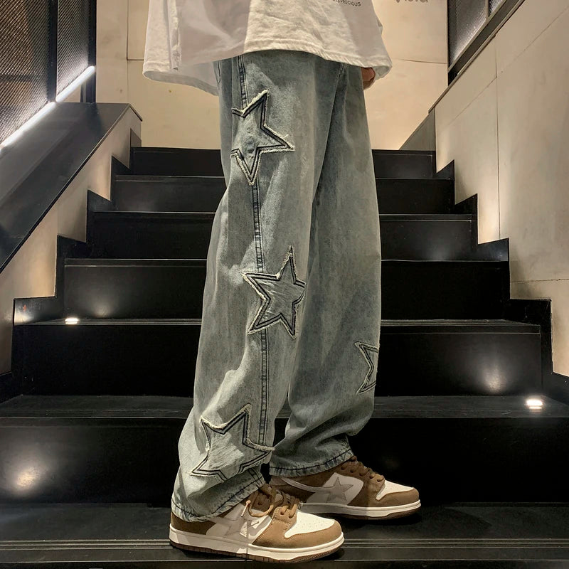 Star Embroidered Wide Leg Jeans