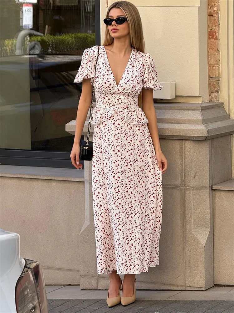 Ruffled V-Neck Patchwork Maxi Dress