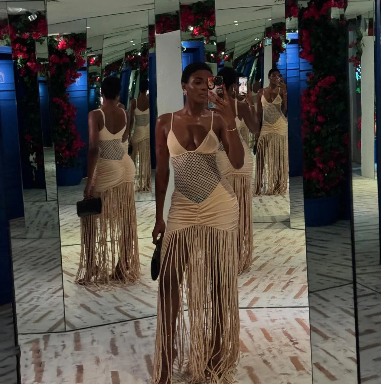 Mesh Pleated Tassel Suspender Dress
