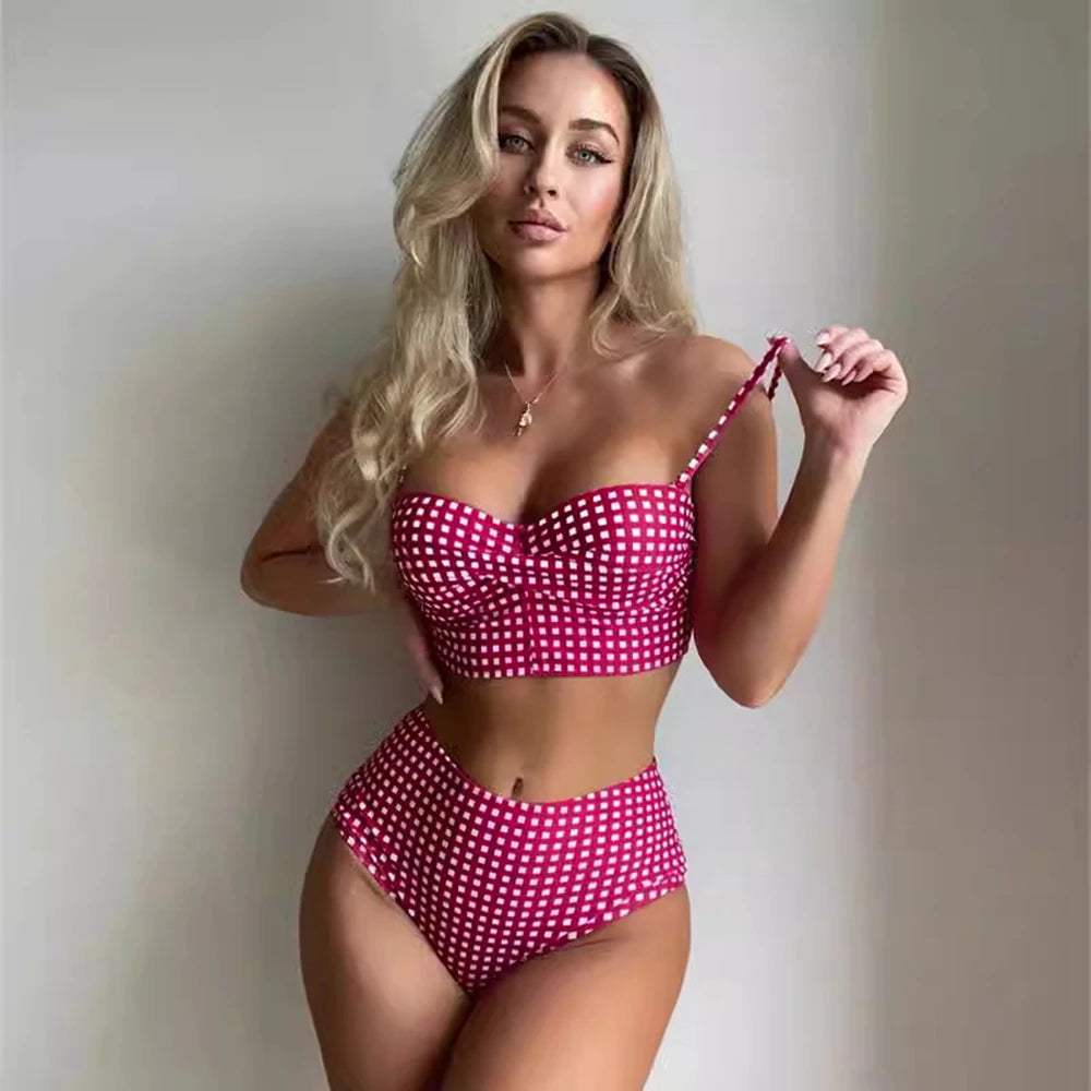Plaid High-Waisted Bikini Set