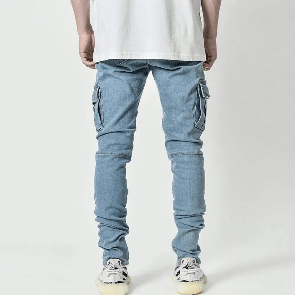 Slim Fit Elastic Cargo Denim Pants