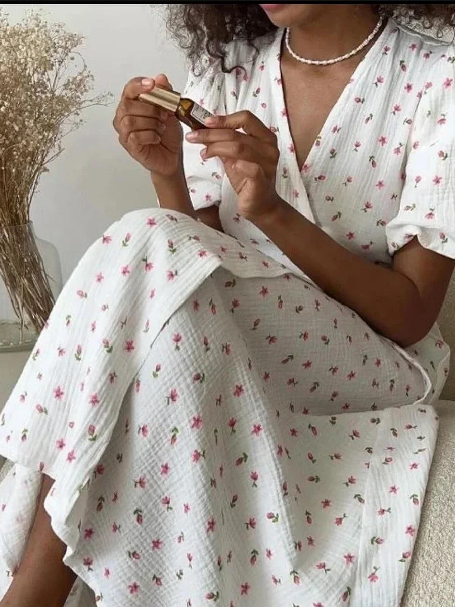 Cotton Lace-Up Printed Maxi Dress