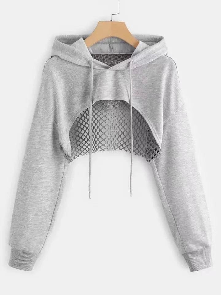 Hollow Out Drawstring Crop Hoodie