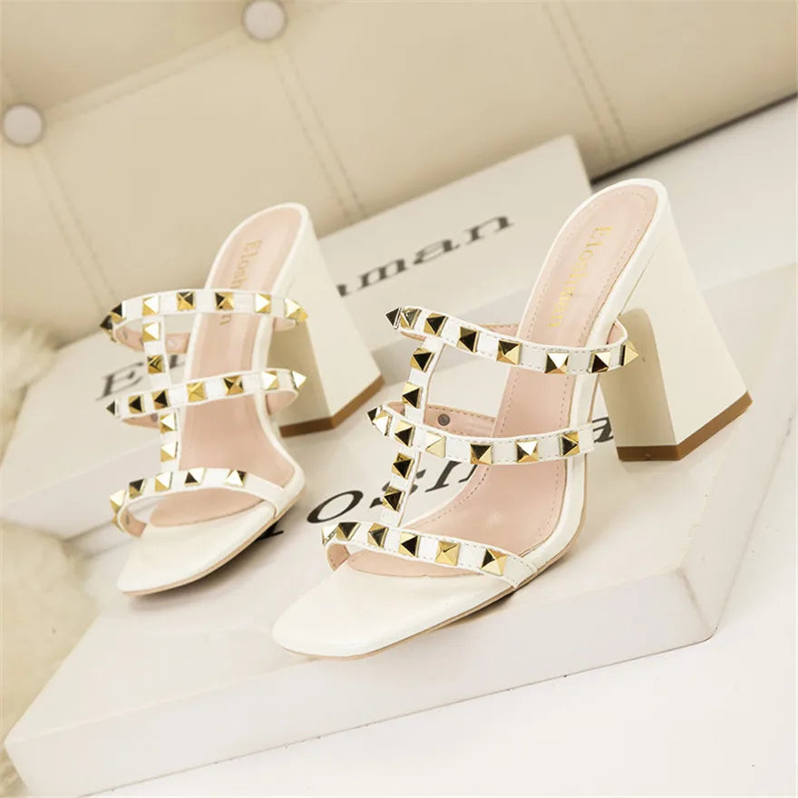 Rivet Square Toe Heeled Mules
