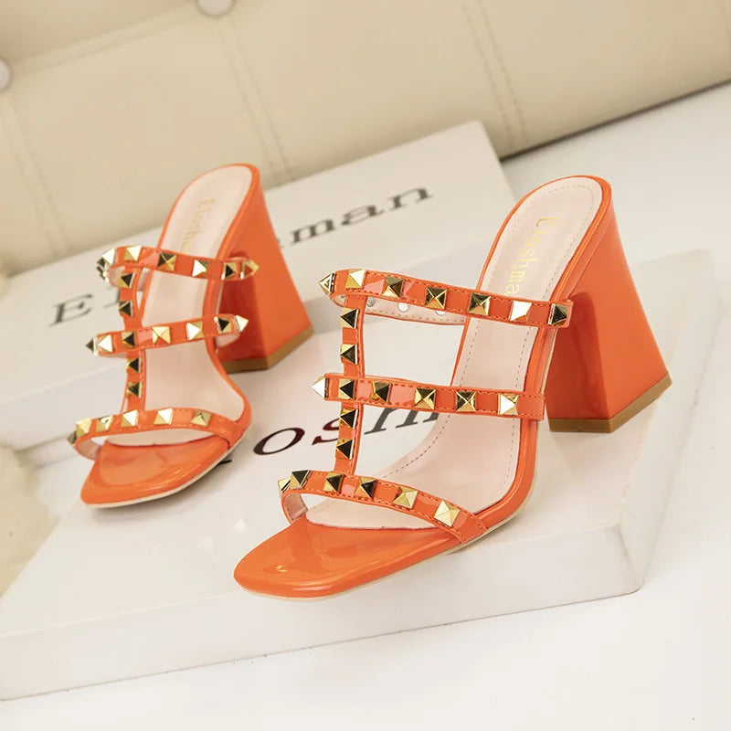 Rivet Square Toe Heeled Mules