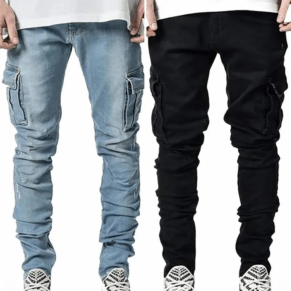 Slim Fit Elastic Cargo Denim Pants