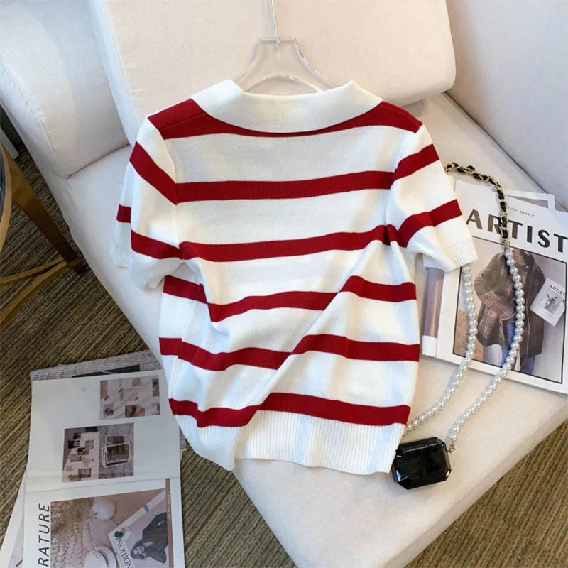 Striped Collared Knit Crop Top