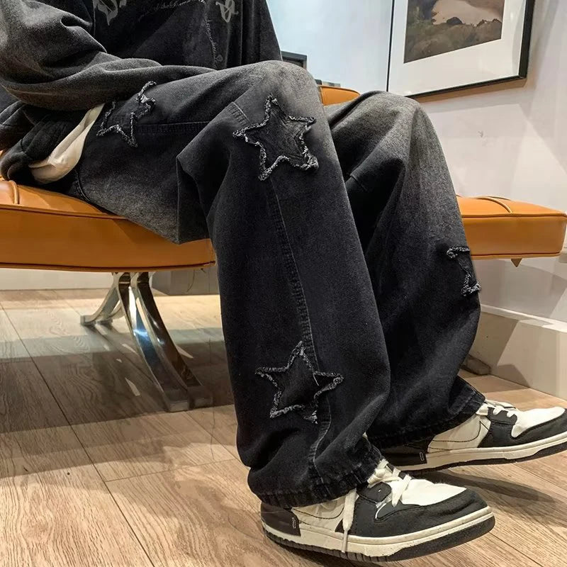 Star Embroidered Wide Leg Jeans