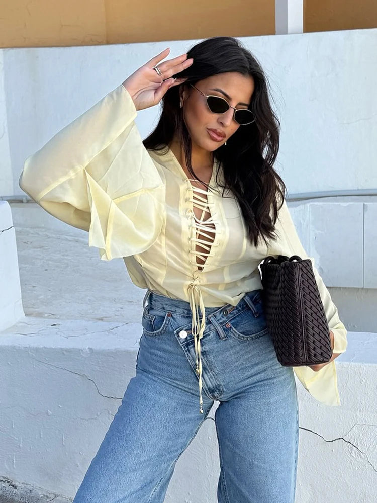 Chiffon V-Neck Lace-Up Shirt