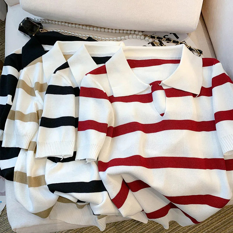 Striped Collared Knit Crop Top