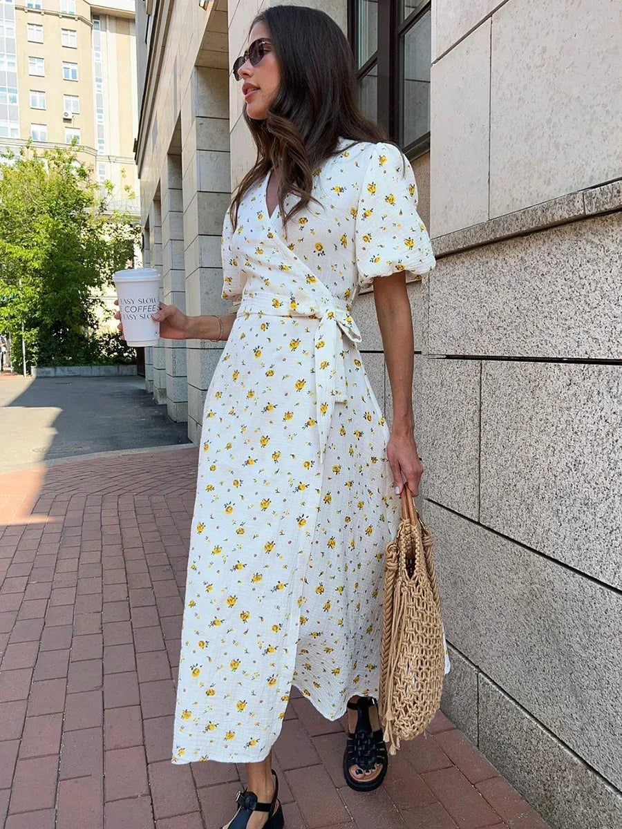 Cotton Lace-Up Printed Maxi Dress