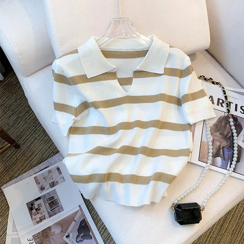 Striped Collared Knit Crop Top
