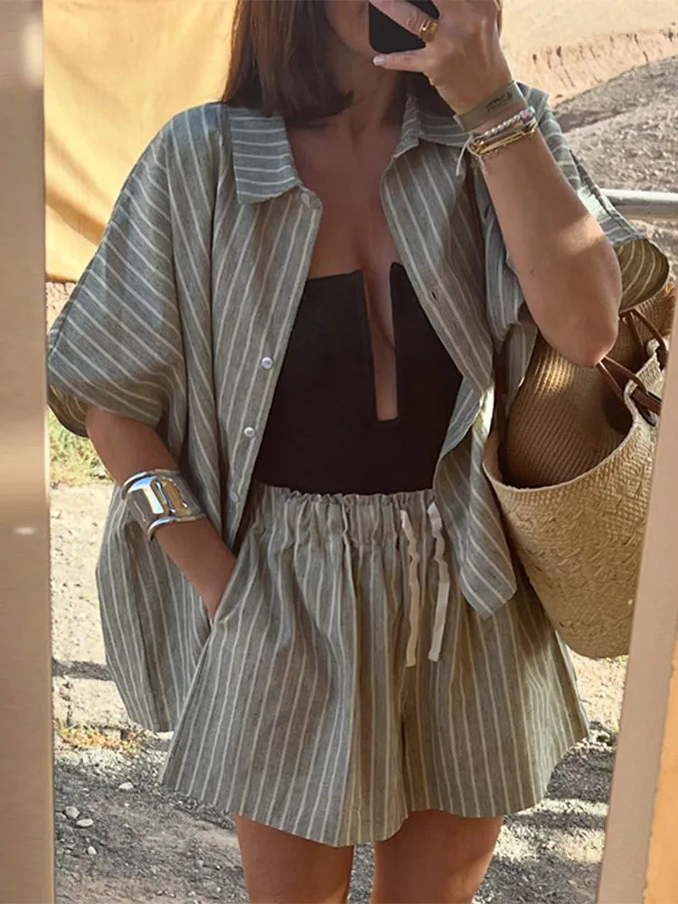 Striped Lace-Up Shorts Set