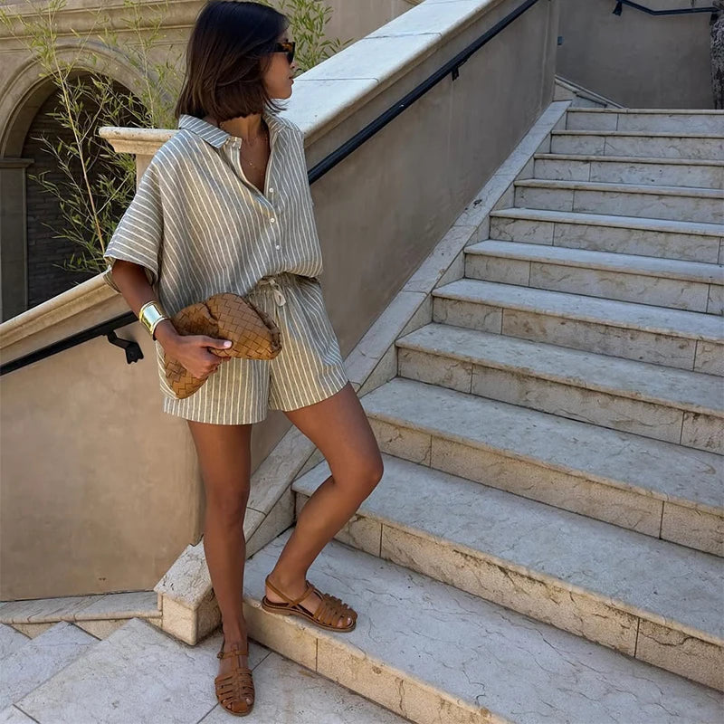 Striped Lace-Up Shorts Set