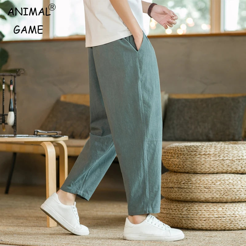 Cotton Linen Drawstring Casual Pants