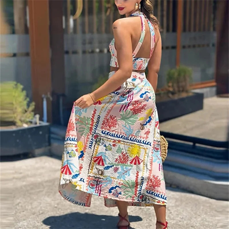 Patchwork Halter Crop Top Set