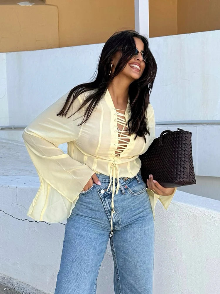 Chiffon V-Neck Lace-Up Shirt