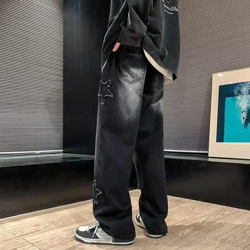 Star Embroidered Wide Leg Jeans