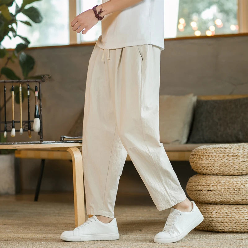 Cotton Linen Drawstring Casual Pants