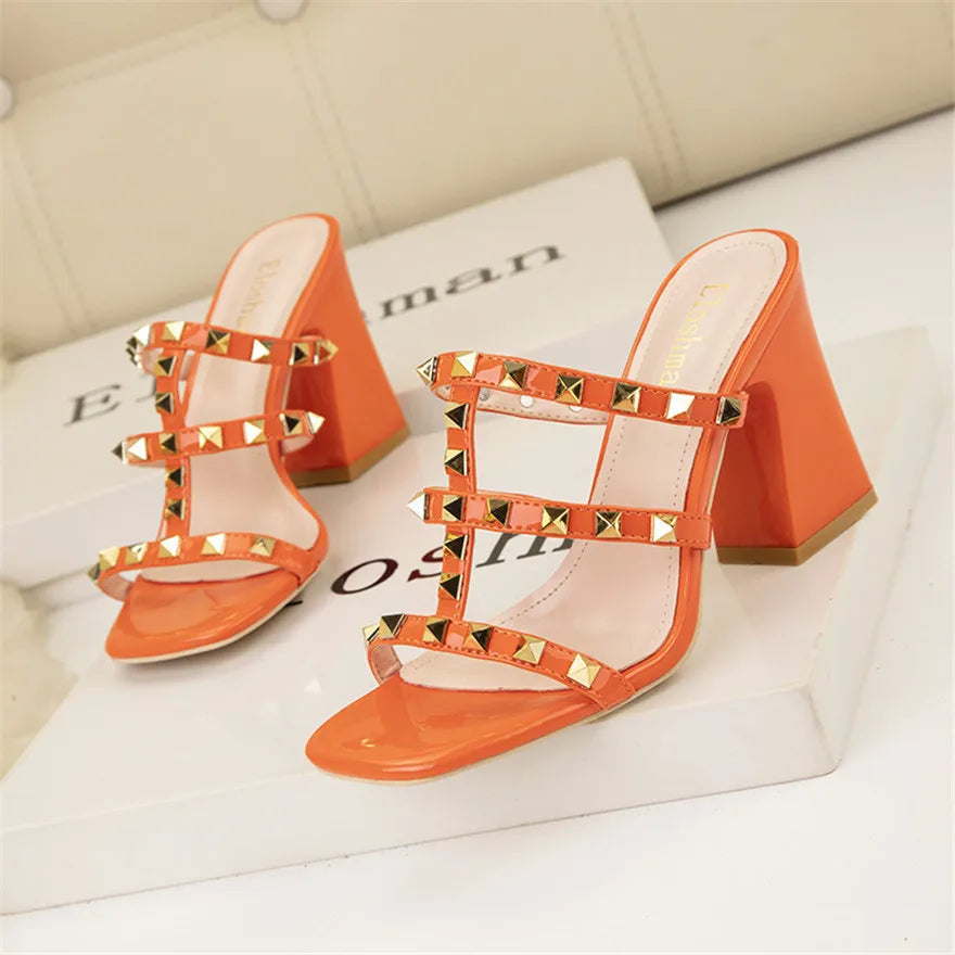 Rivet Square Toe Heeled Mules