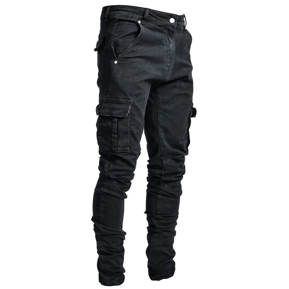 Slim Fit Elastic Cargo Denim Pants