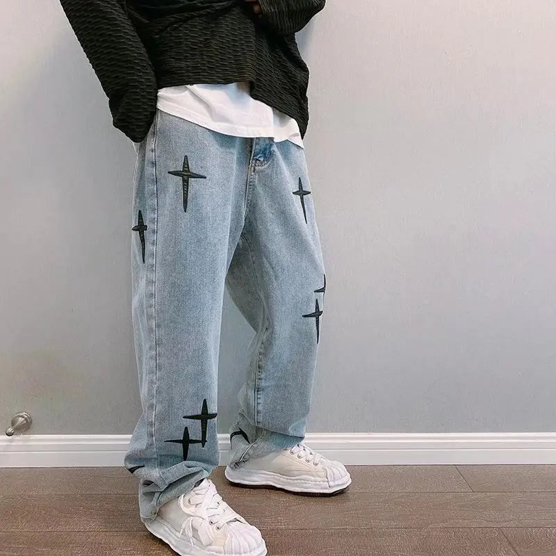 Printed Baggy Wide Leg Jeans