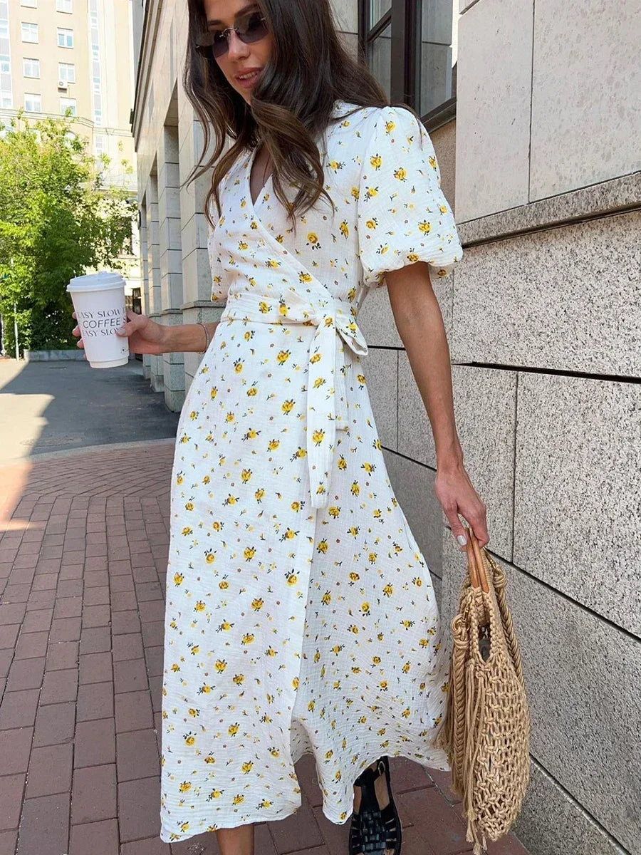Cotton Lace-Up Printed Maxi Dress