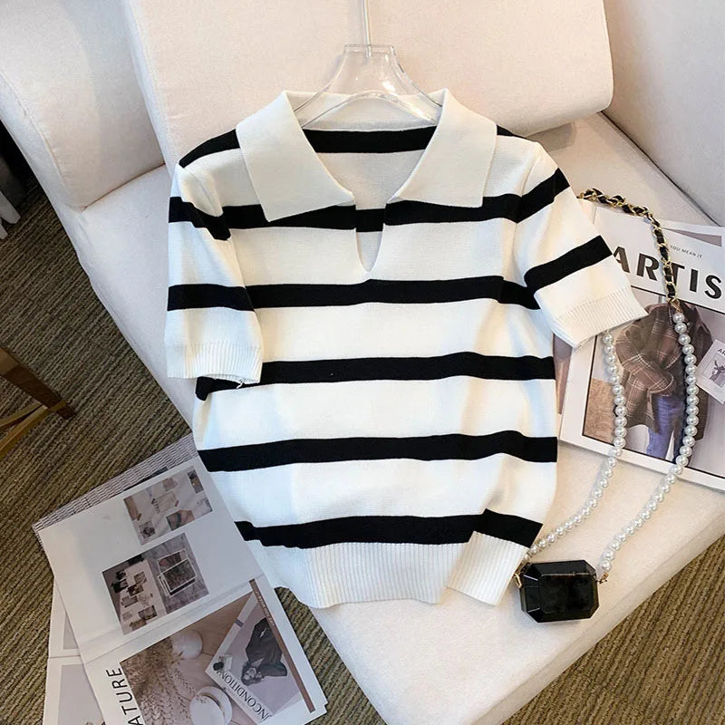 Striped Collared Knit Crop Top