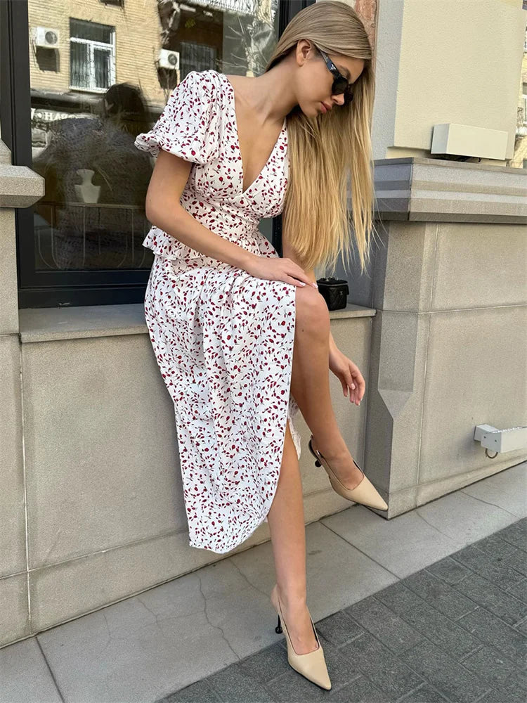 Ruffled V-Neck Patchwork Maxi Dress