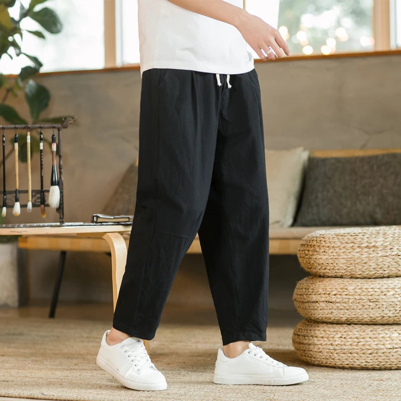Cotton Linen Drawstring Casual Pants