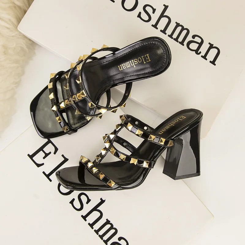 Rivet Square Toe Heeled Mules