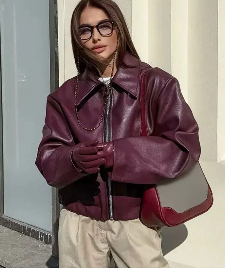 Wine Red PU Jacket