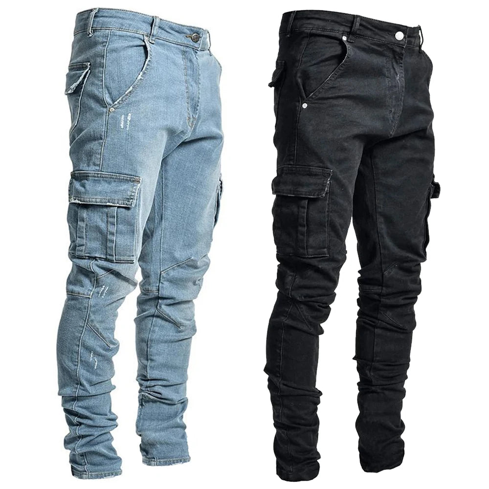 Slim Fit Elastic Cargo Denim Pants
